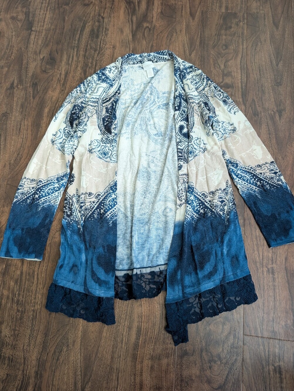 Chico's 2/12-14 Blue and Cream Ombre Paisley Open-Front Lace-Hem Cardigan
